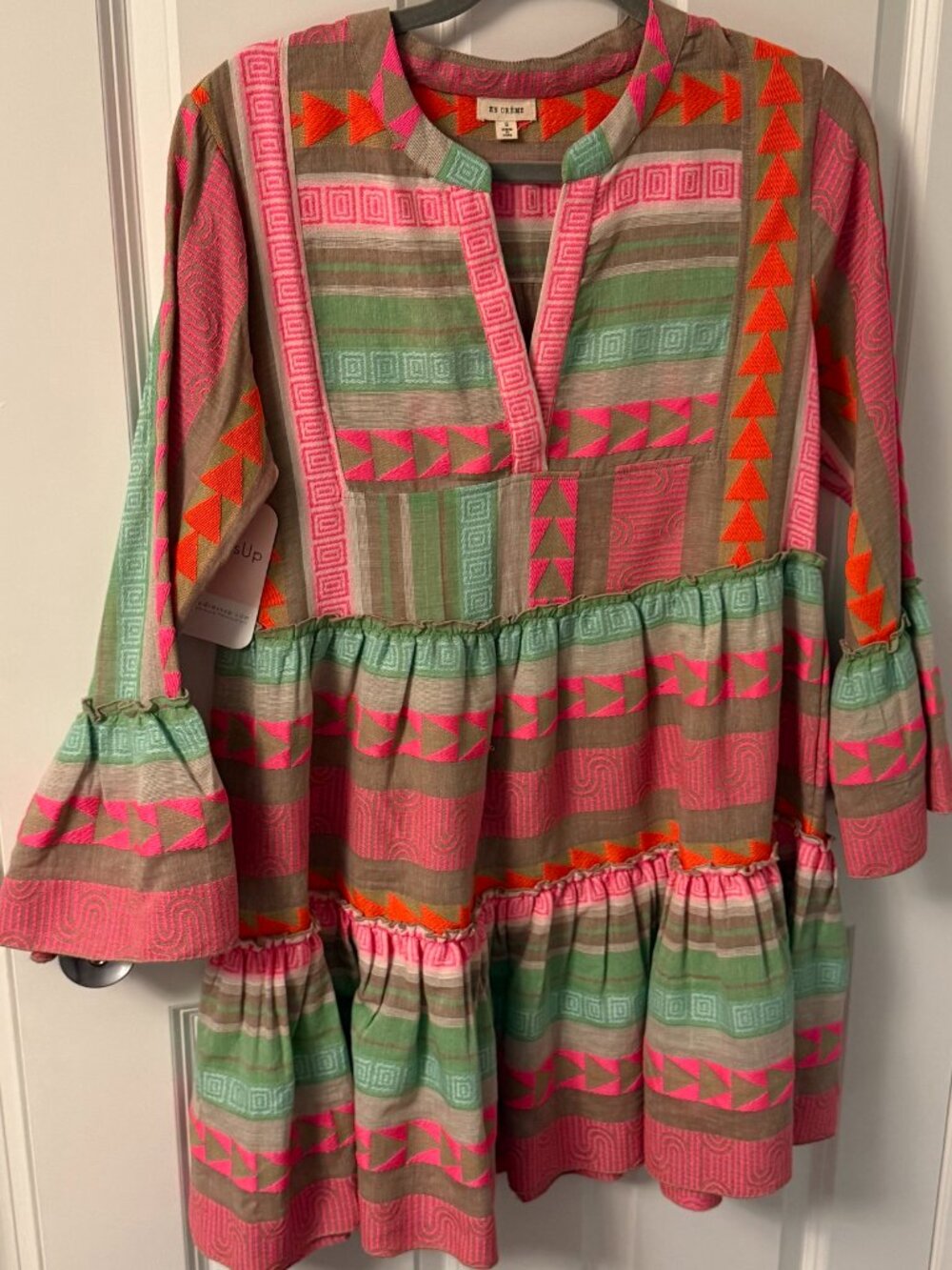 NEW En Crème Colorful Geometric Print Dress Size S Ruffle Hem